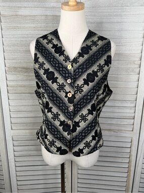 VERTIGO PARIS Vintage 90's Jacquard Vest w Satin Back Black, Gray, Beige-Large